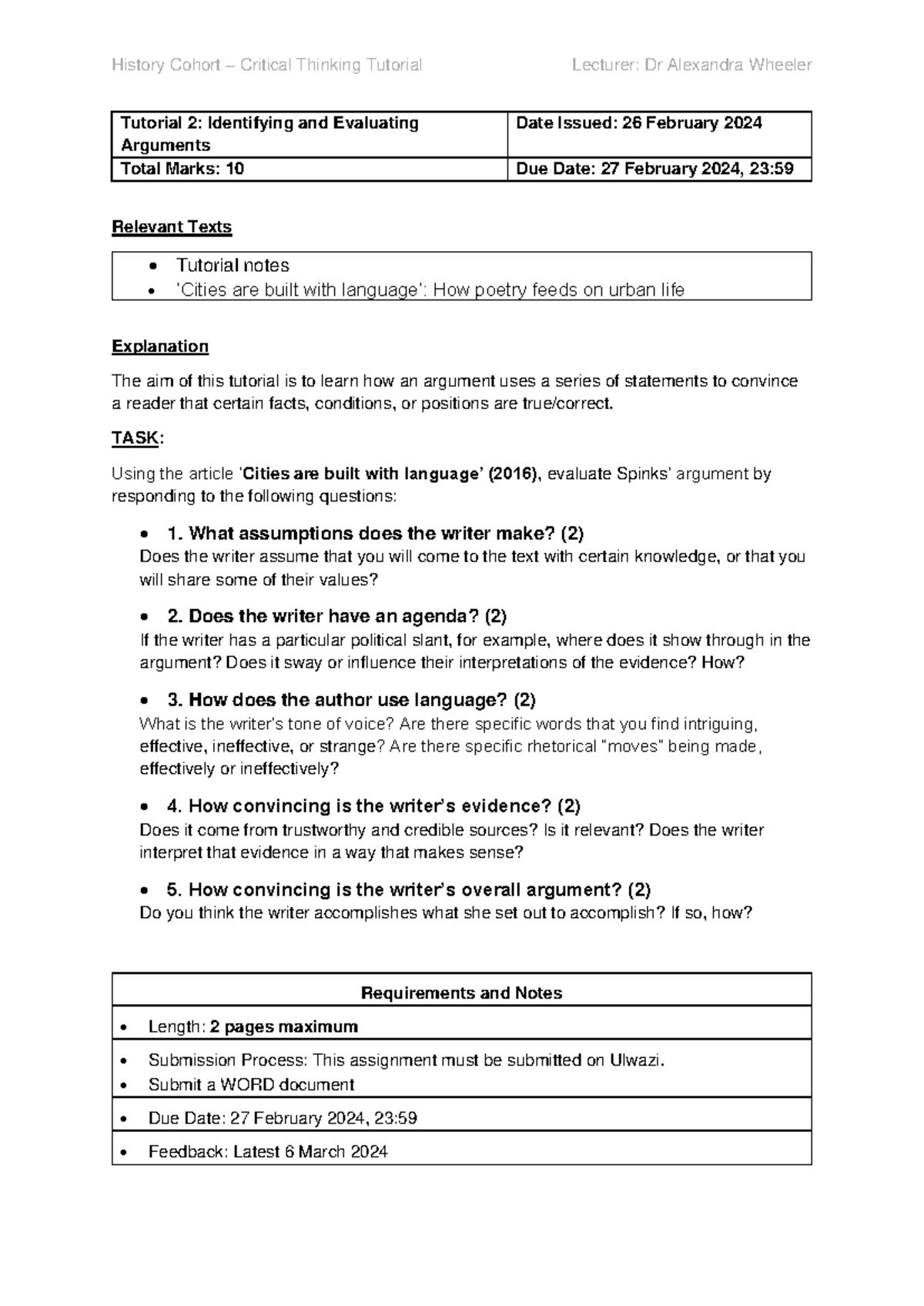 Tutorial 2: Critical Thinking in History - Identifying Arguments 2024 ...