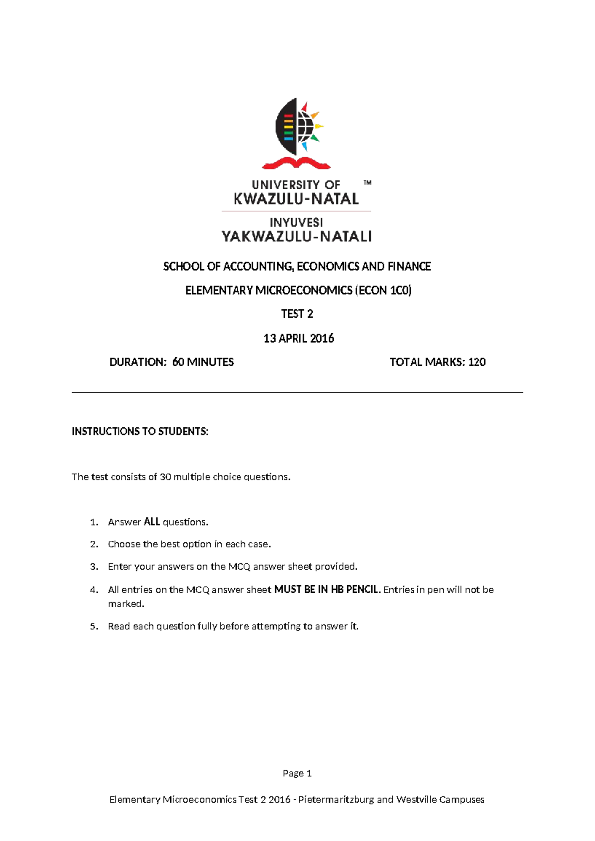 Test 2 ECON 1C0 - 2016 Question Paper for Elementary Microeconomics ...