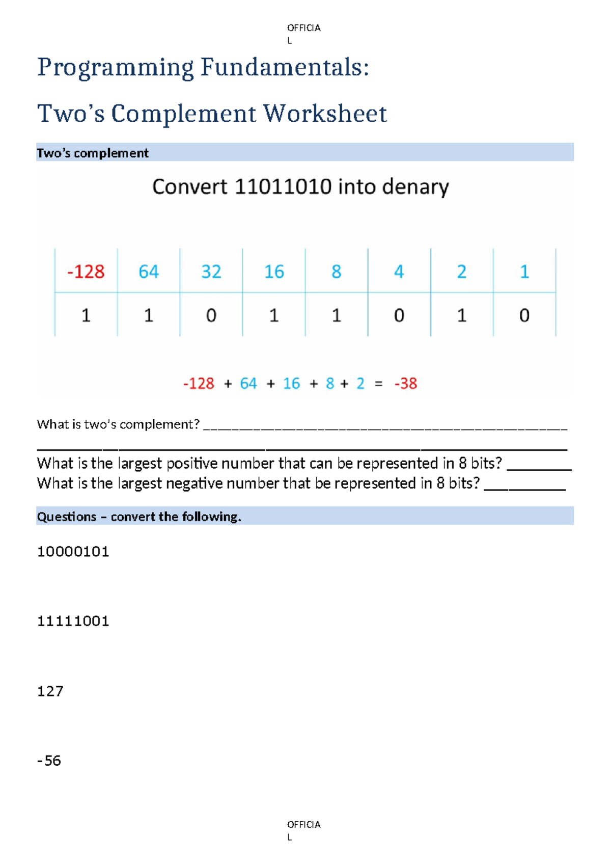 Twos Complement Worksheet - OFFICIA L OFFICIA L Programming ...
