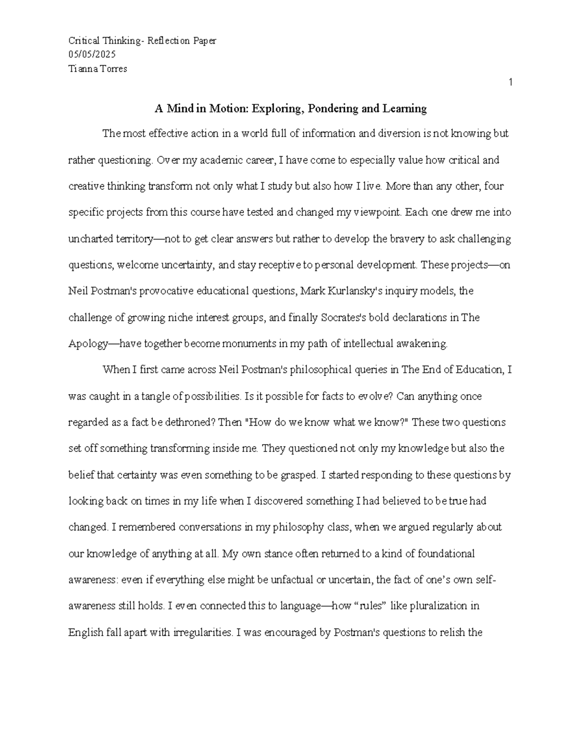 Critical Thinking Reflection Paper: A Journey of Inquiry and Growth ...
