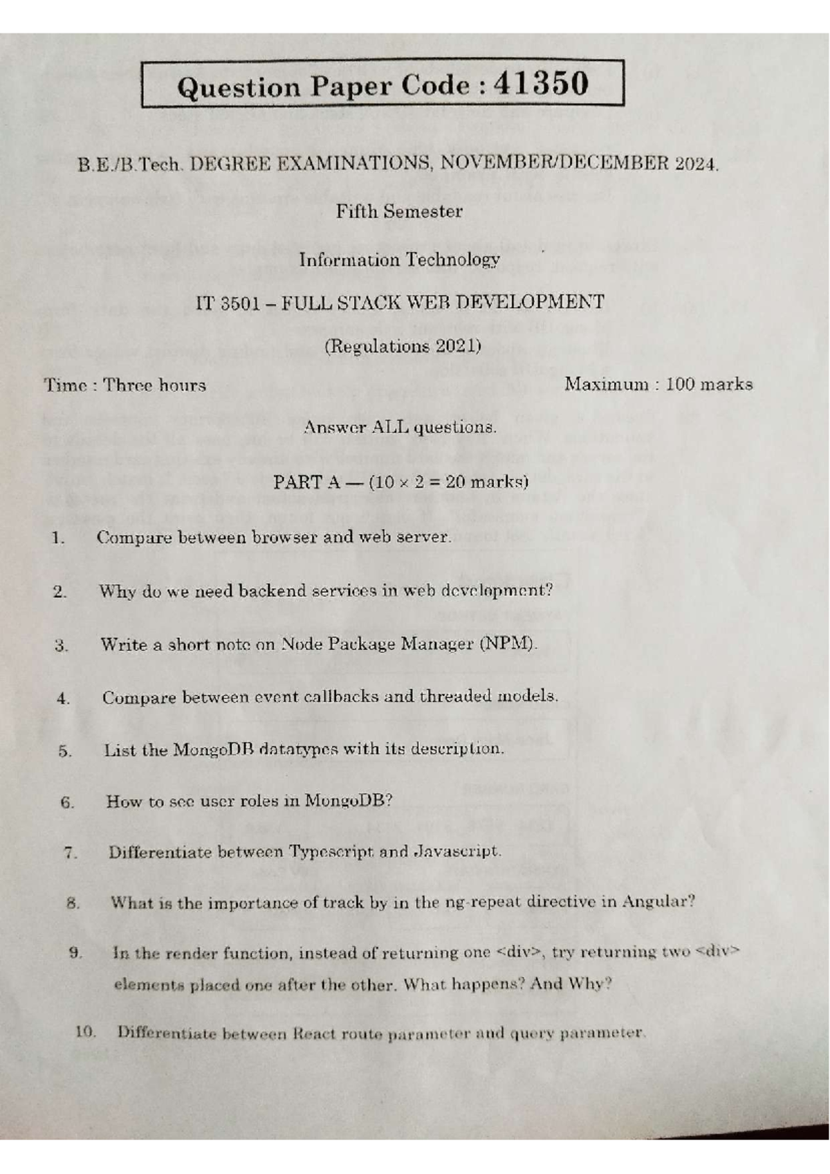 IT3501 Full Stack Web Development Nov-Dec 2024 Question Paper - Studocu