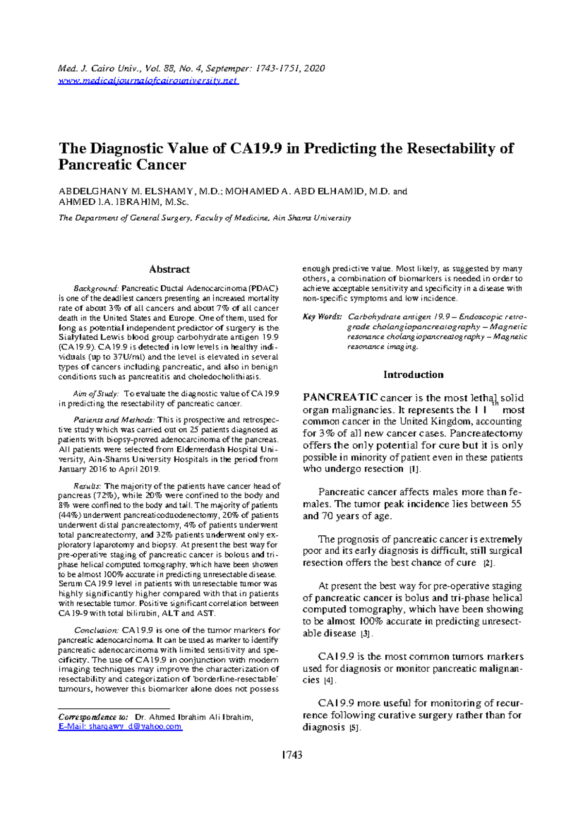 MJCU 88(4): Diagnostic Value of CA19.9 in Pancreatic Cancer ...