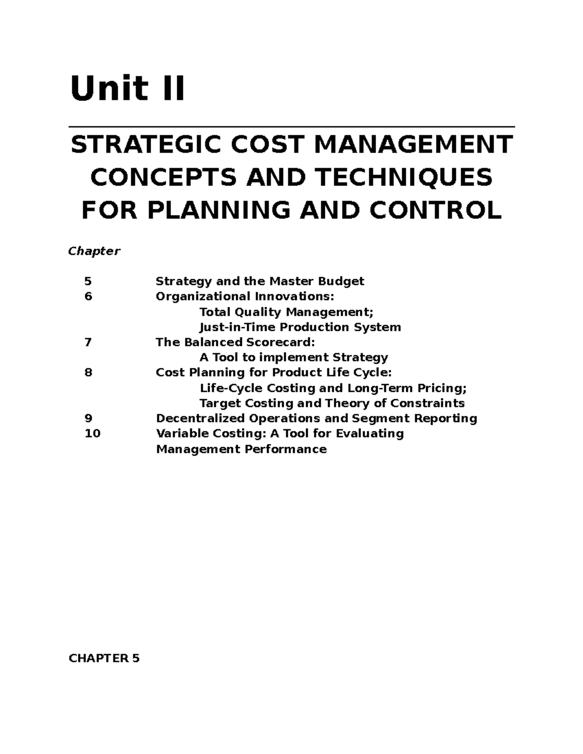 SCM Unit 2: Strategic Cost Management - Master Budget Overview - Studocu