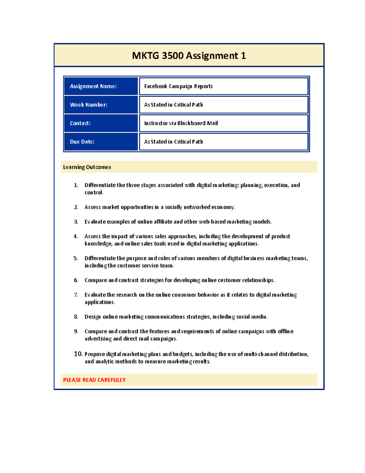 Assignment 1 Facebook Assignment Outlines and Rubric - MKTG 3500 ...