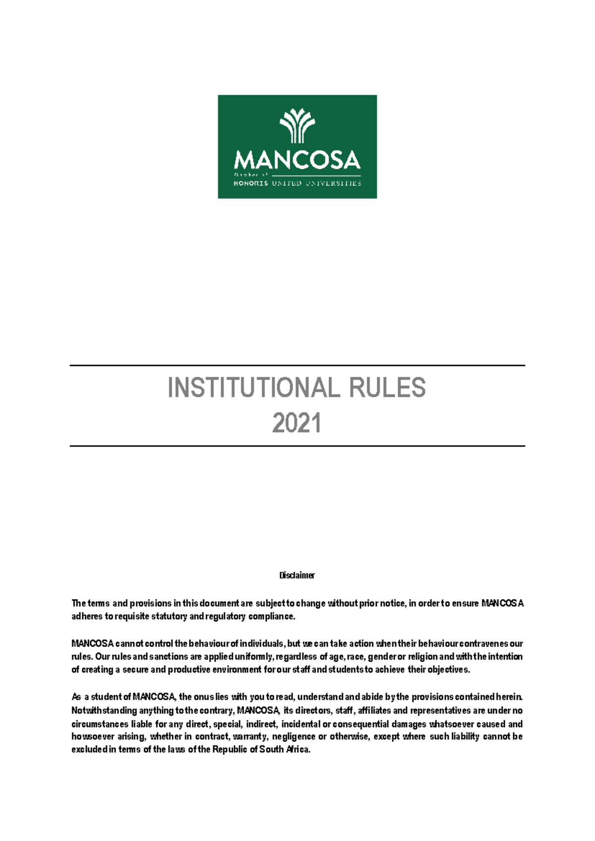 MANCOSA Institutional Rules & Regulations Guide 2021 - Studocu