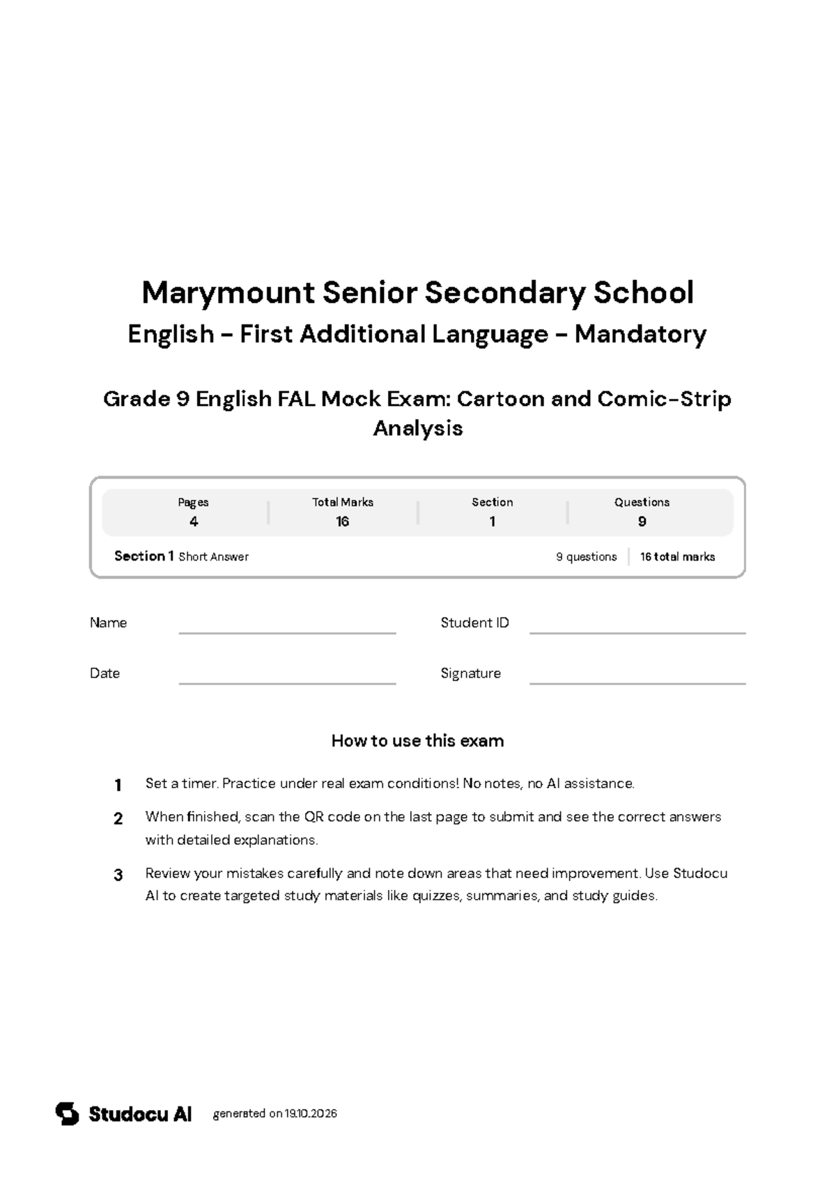 Grade 9 English FAL Mock Exam: Cartoon Analysis - Studocu