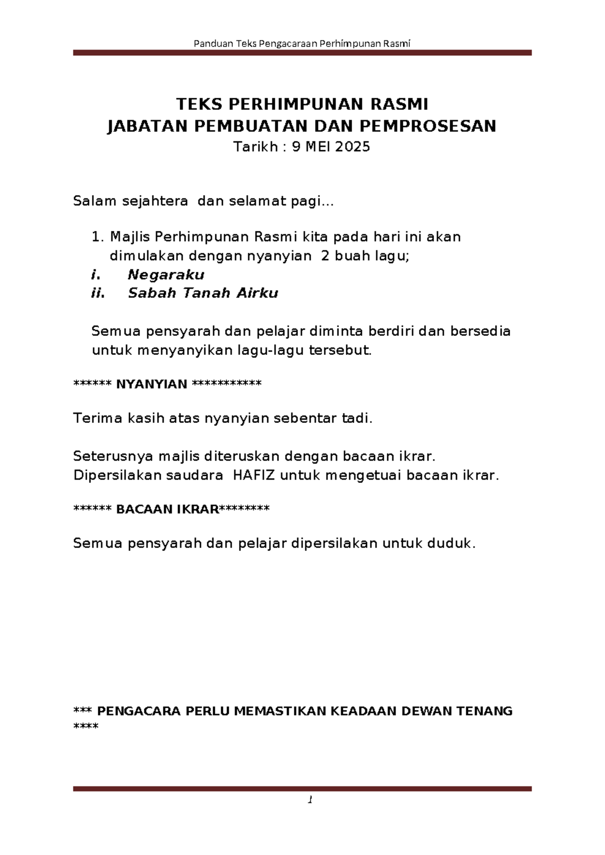 Panduan Teks Pengacaraan Perhimpunan Rasmi TEKS PERHIMPUNAN RASMI 9 MEI ...