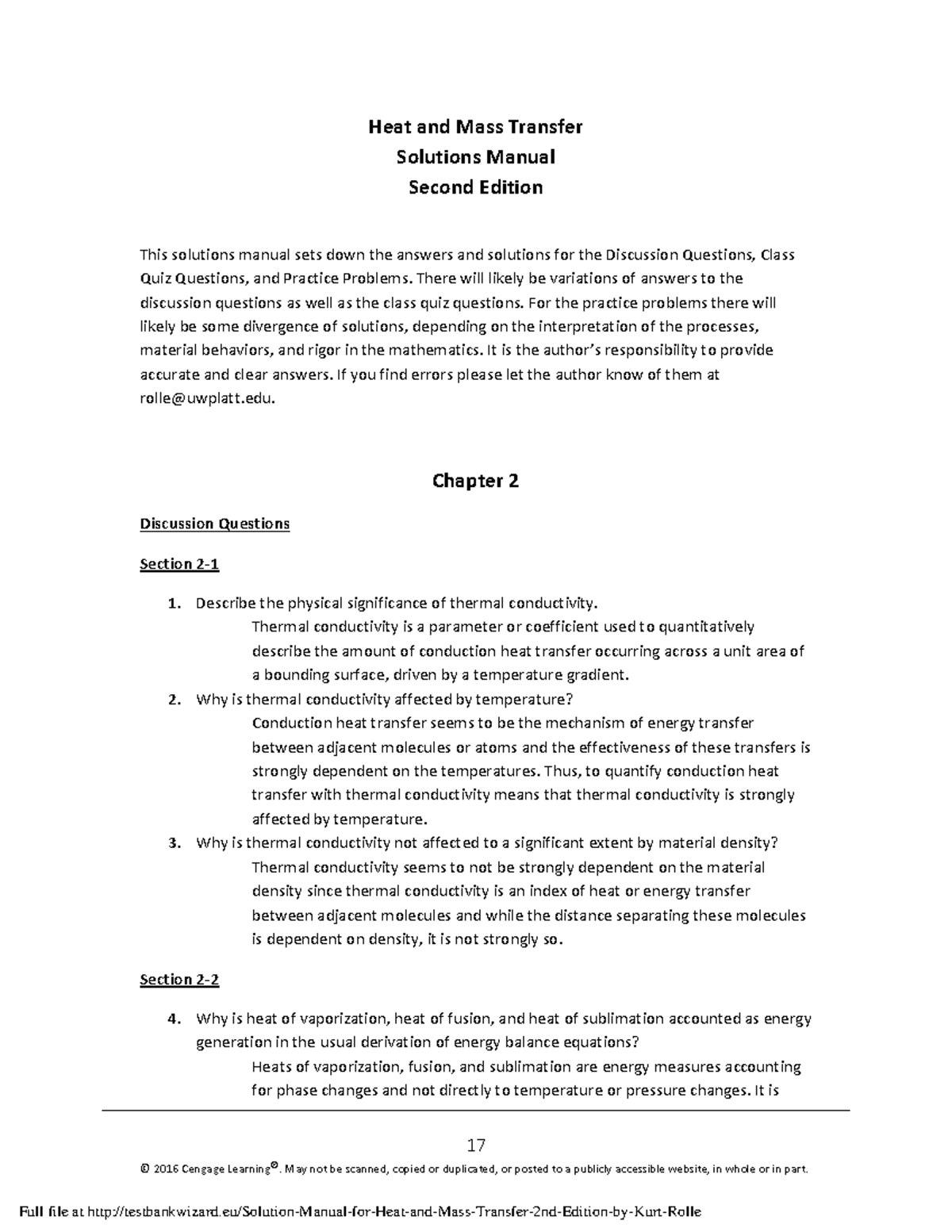 Solution Manual for Heat and Mass Transfer 2nd Edition by Kurt Rolle ...