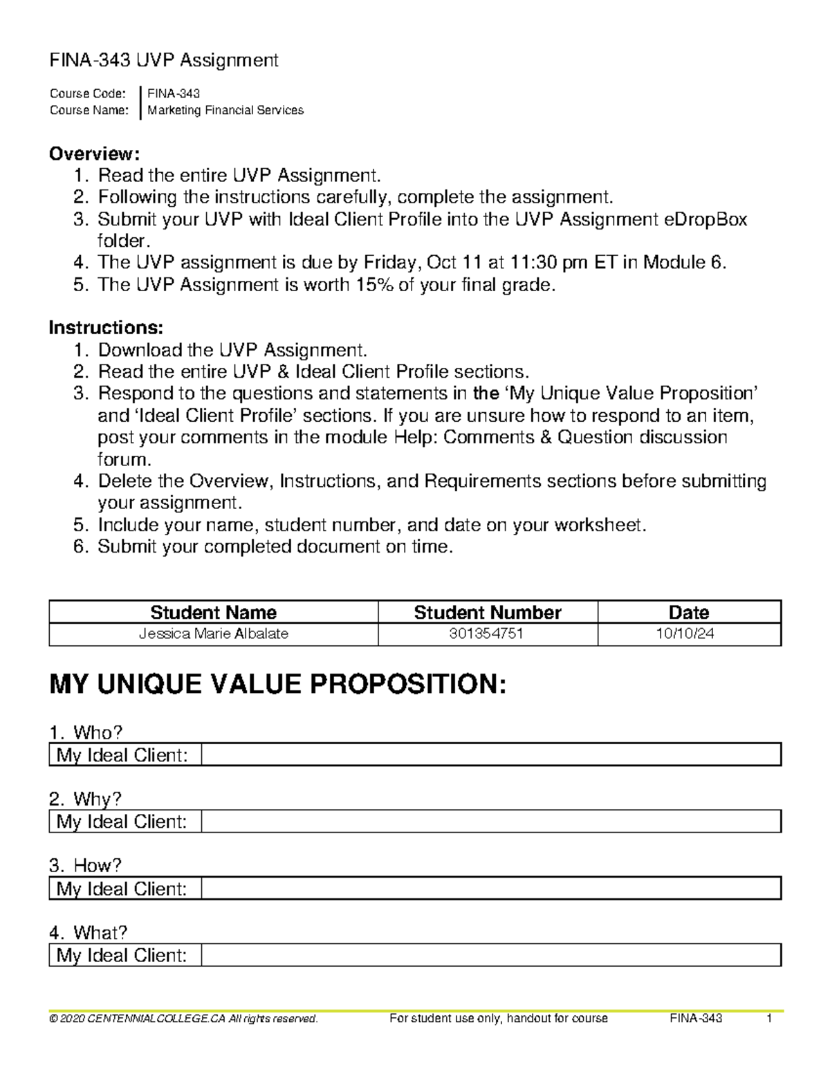 FINA-343 UVP F-24 Assignment 1 - FINA-343 UVP Assignment Course Code ...