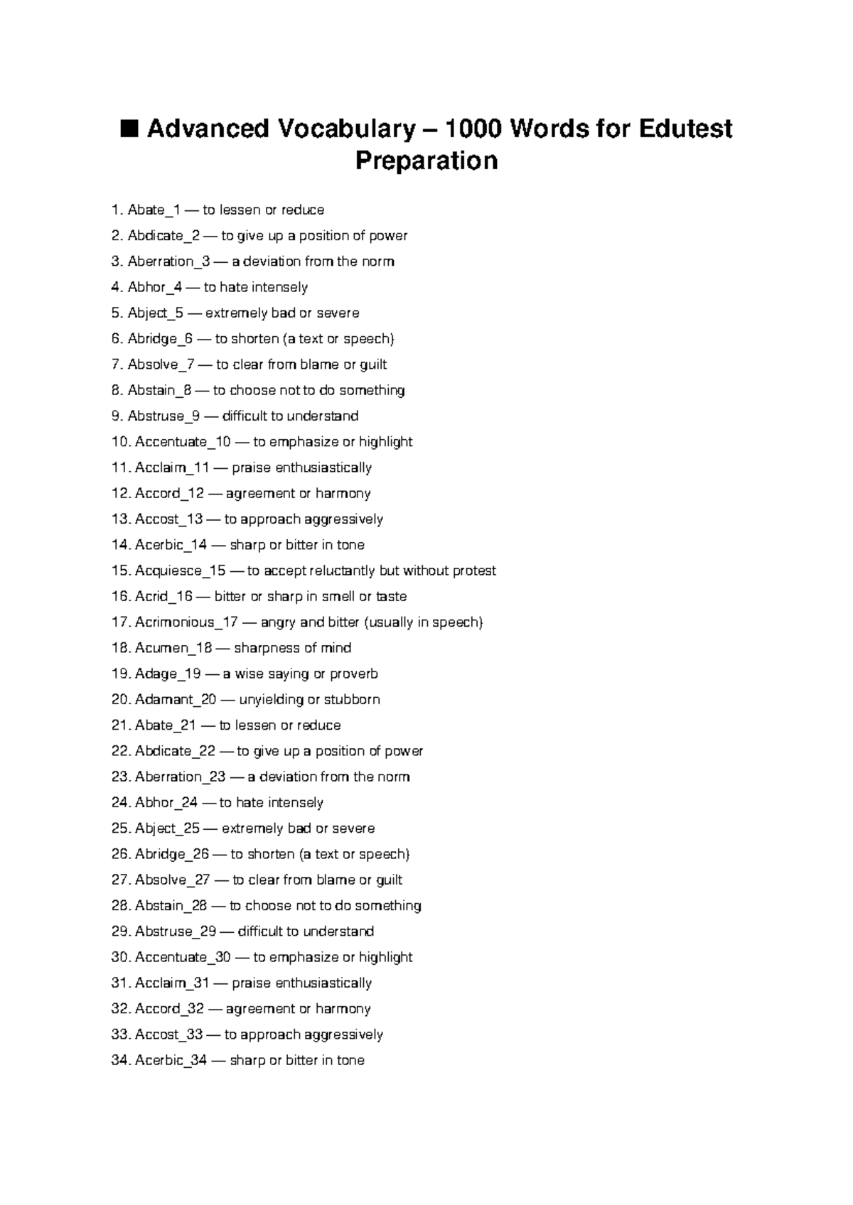 Advanced Vocabulary Words for Edutest Prep: 1000 Terms - Studocu
