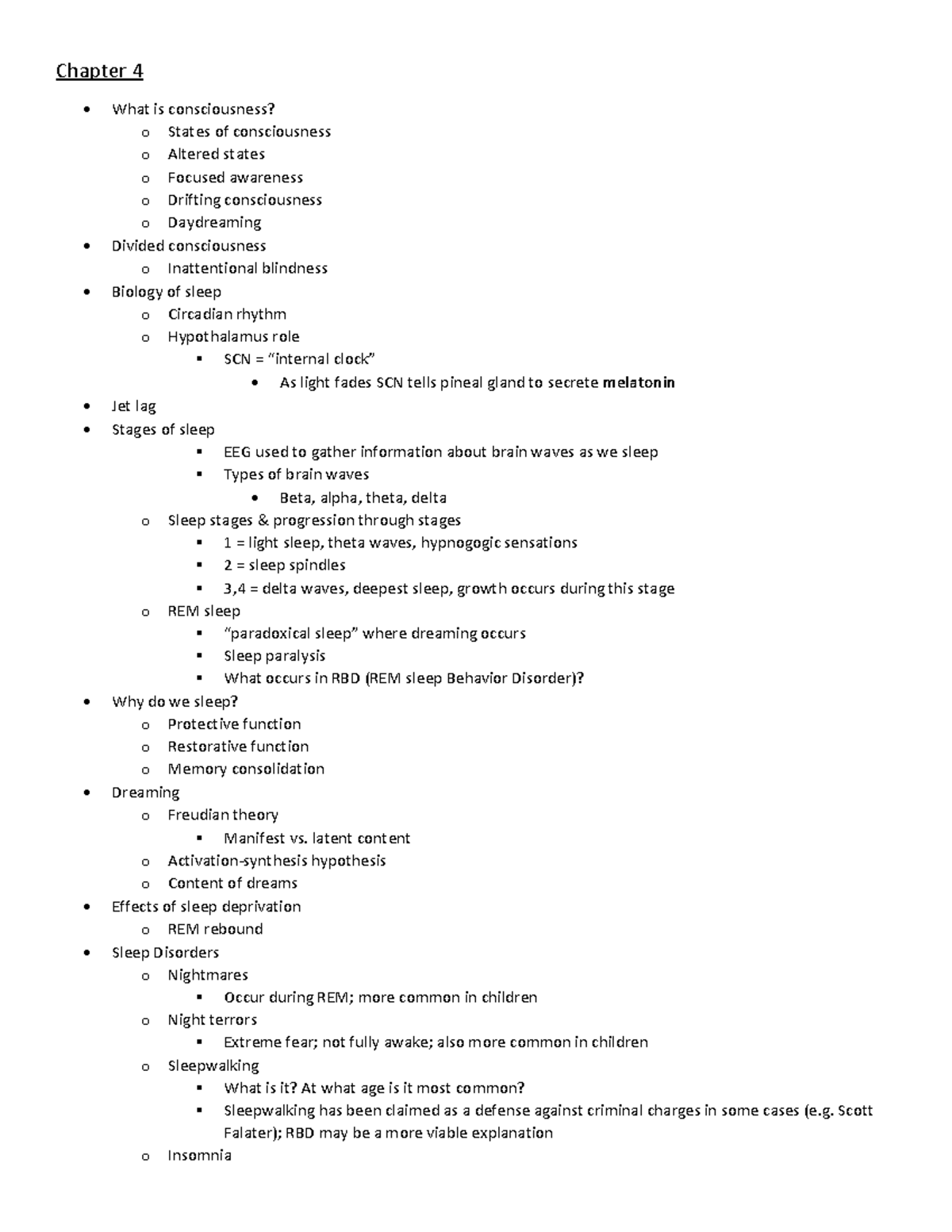 Exam 1: Key Points on Consciousness & Sleep (PSY 101) - Studocu