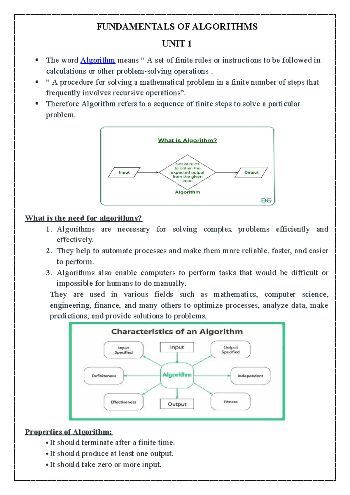 FOA UNIT 1: Fundamentals of Algorithms Overview and Key Concepts - Studocu