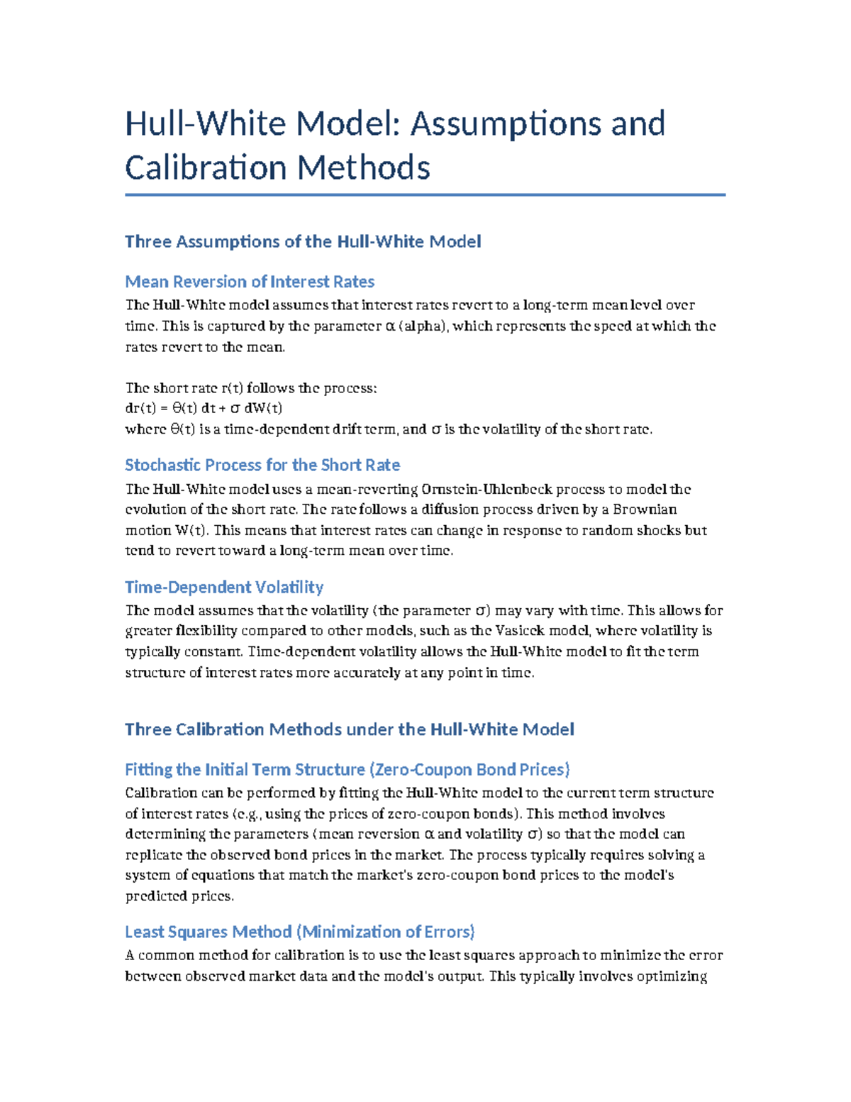 Hull-White Model: Assumptions & Calibration Methods - Studocu