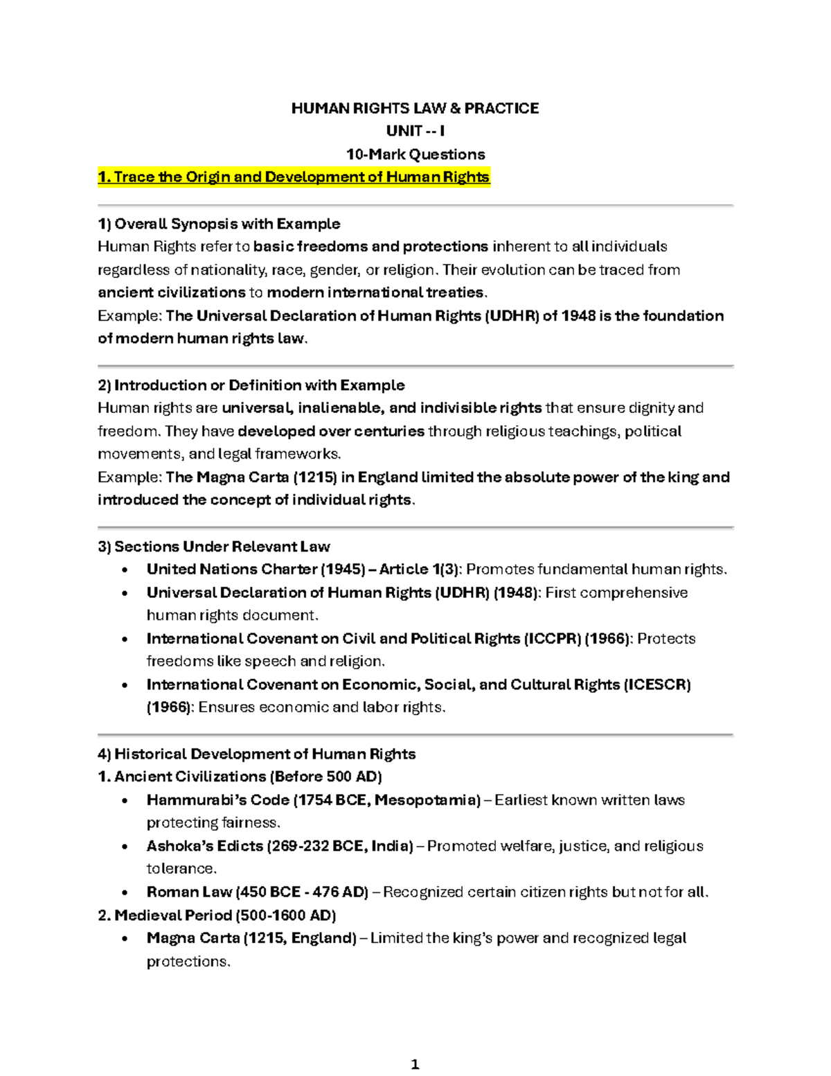 HUMAN RIGHTS LAW & PRACTICE UNIT I: Origins, Development, and Key Cases ...