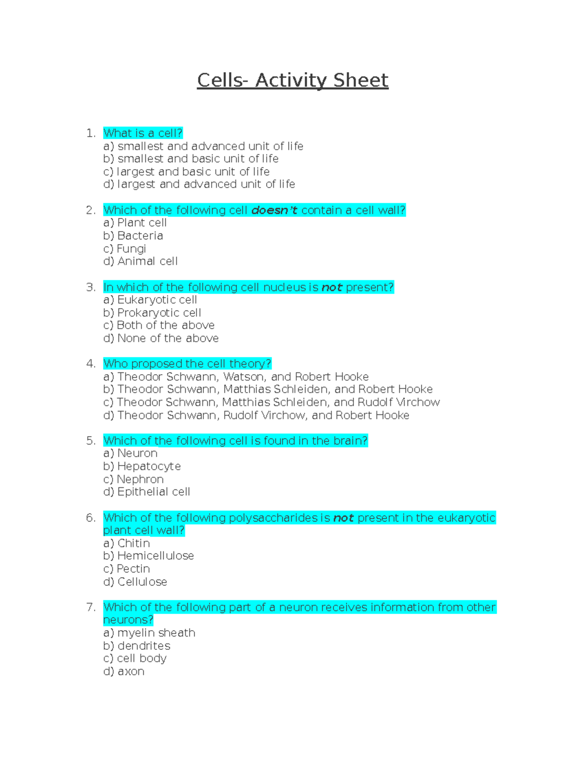 Cells - Activity Sheet 1: Practice Questions on Cell Structure and ...