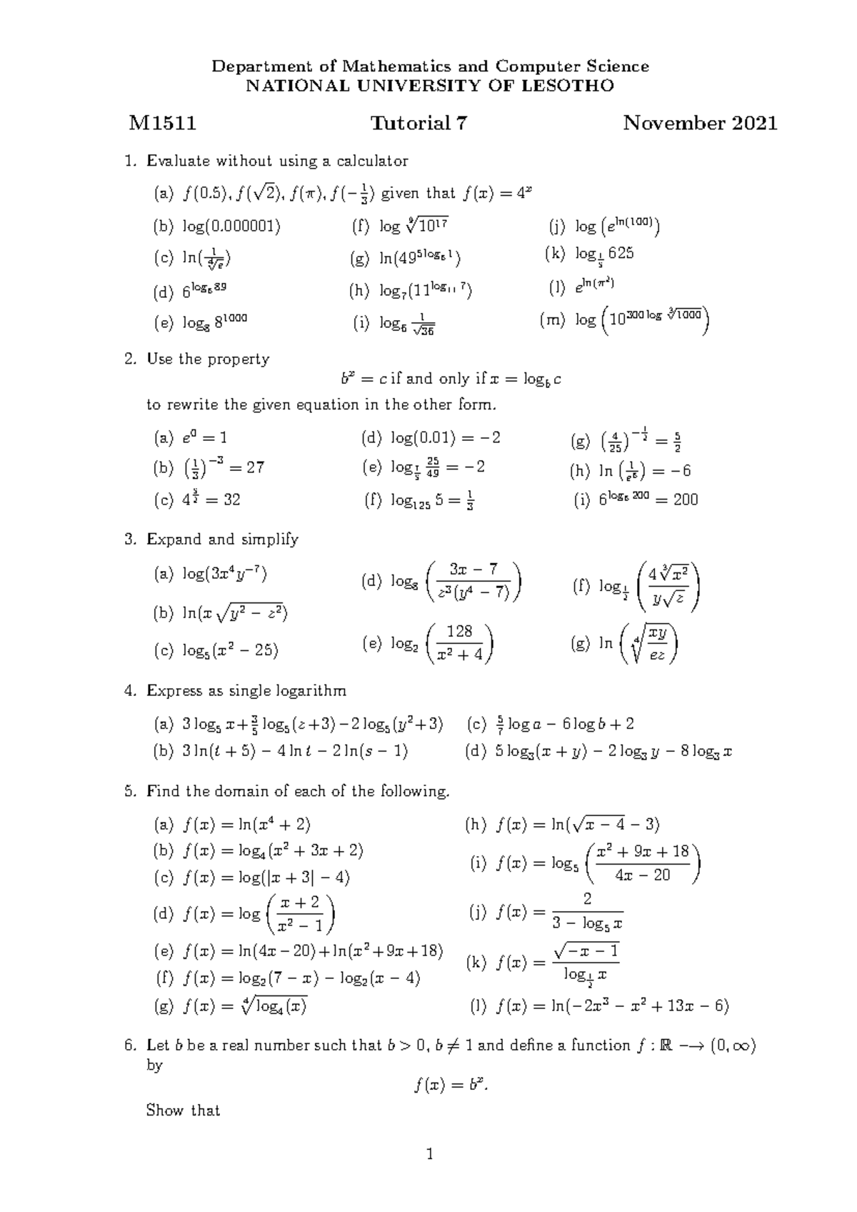 M1511 Tutorial 7 - Evaluating Logarithmic Functions and Domains - Studocu