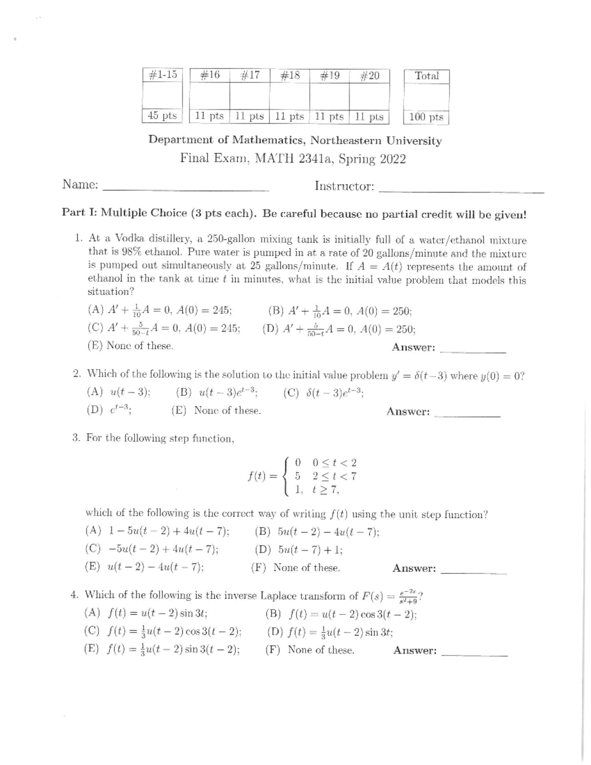 MATH 2341a Final Exam Review - Spring 2022 Practice Questions - Studocu