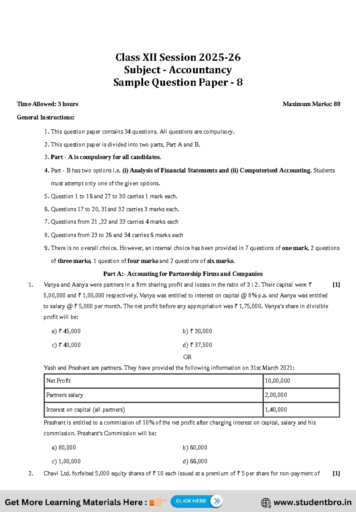 Accountancy Class XII Sample Question Paper 2026 Set 8 - Studocu