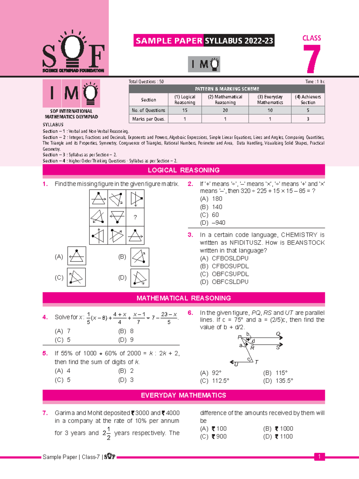IMO Sample Paper Class 7: Syllabus & Question Pattern - Studocu