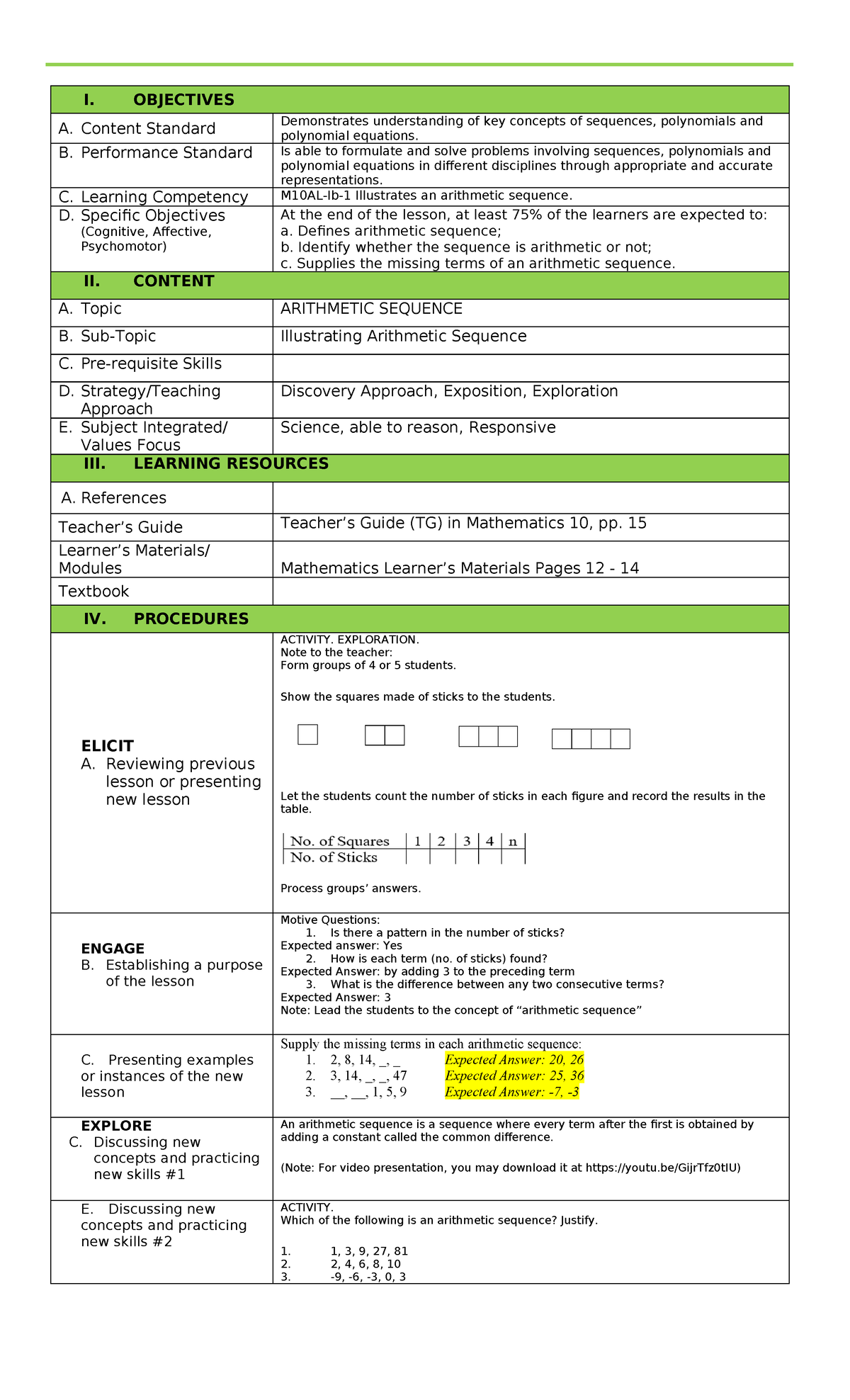 M10 Math Lesson Plan: Intro to Arithmetic Sequences - Studocu