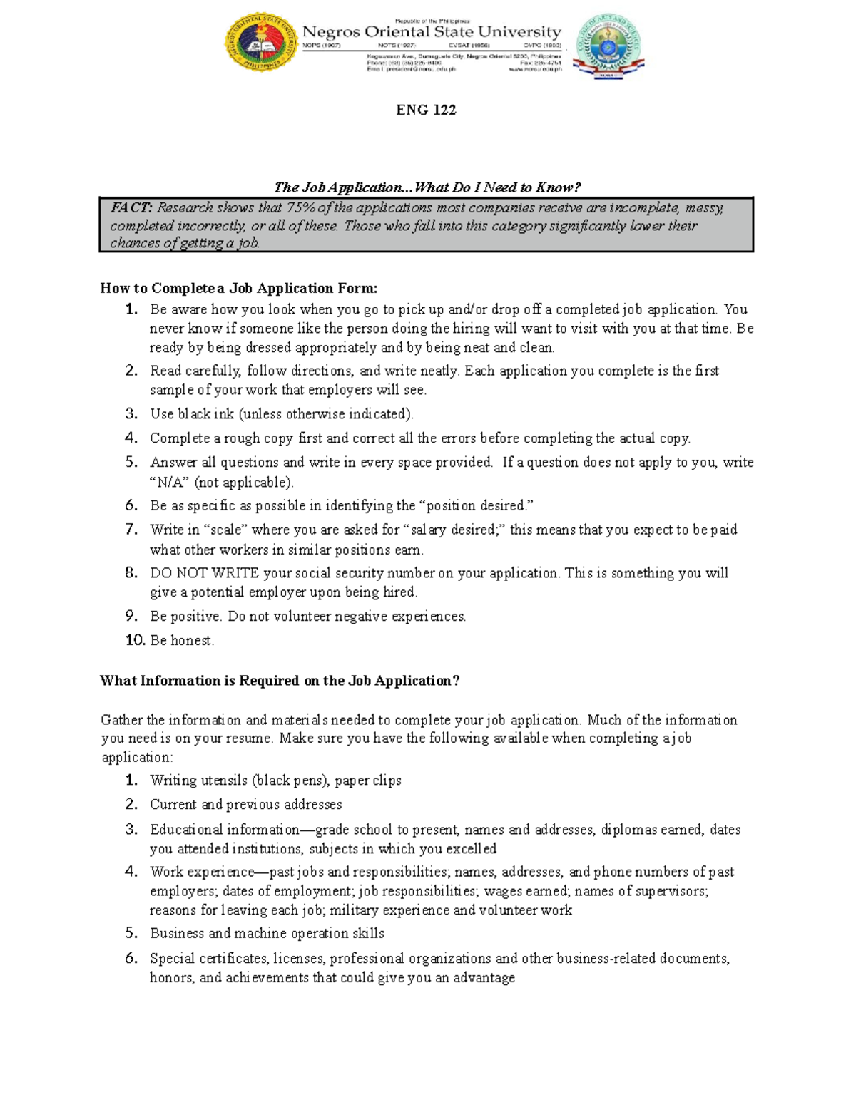 ENG 122 Job Application Process: Essential Tips and Guidelines - Studocu