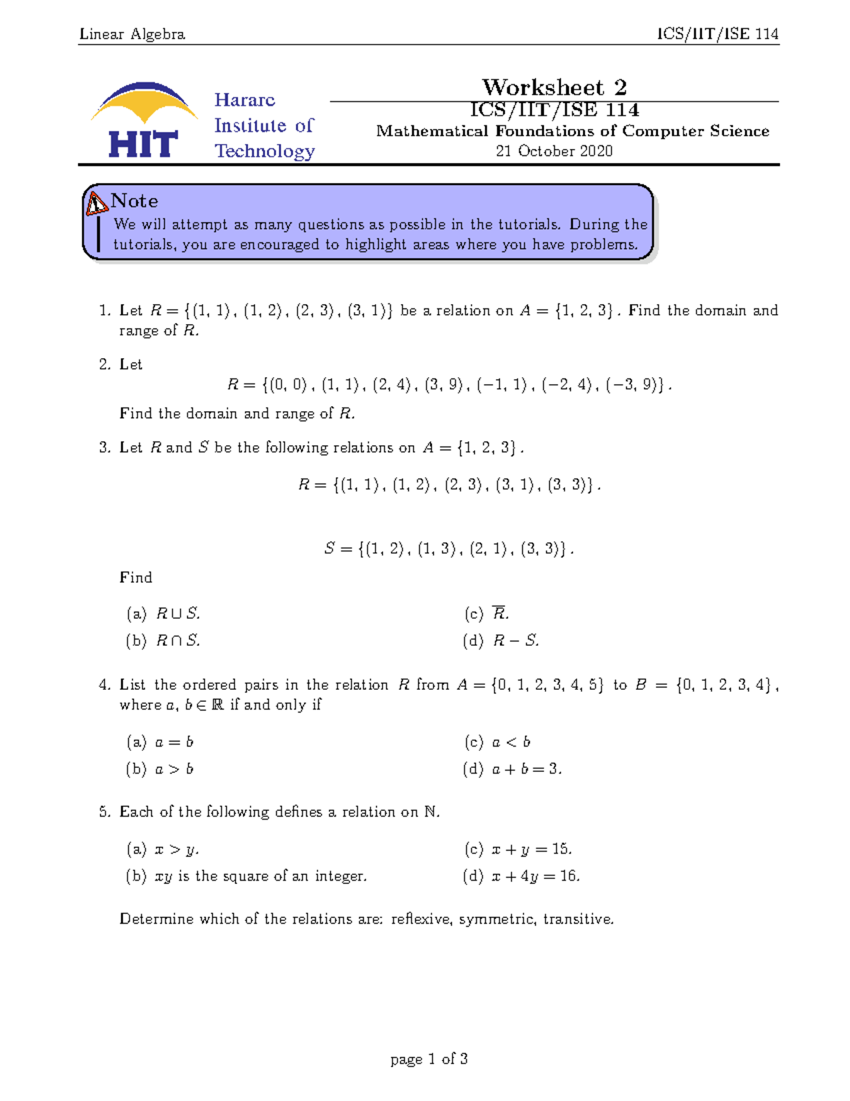 ICS/IIT/ISE 114: Worksheet 2 - Lecture Notes on Mathematic Foundations ...