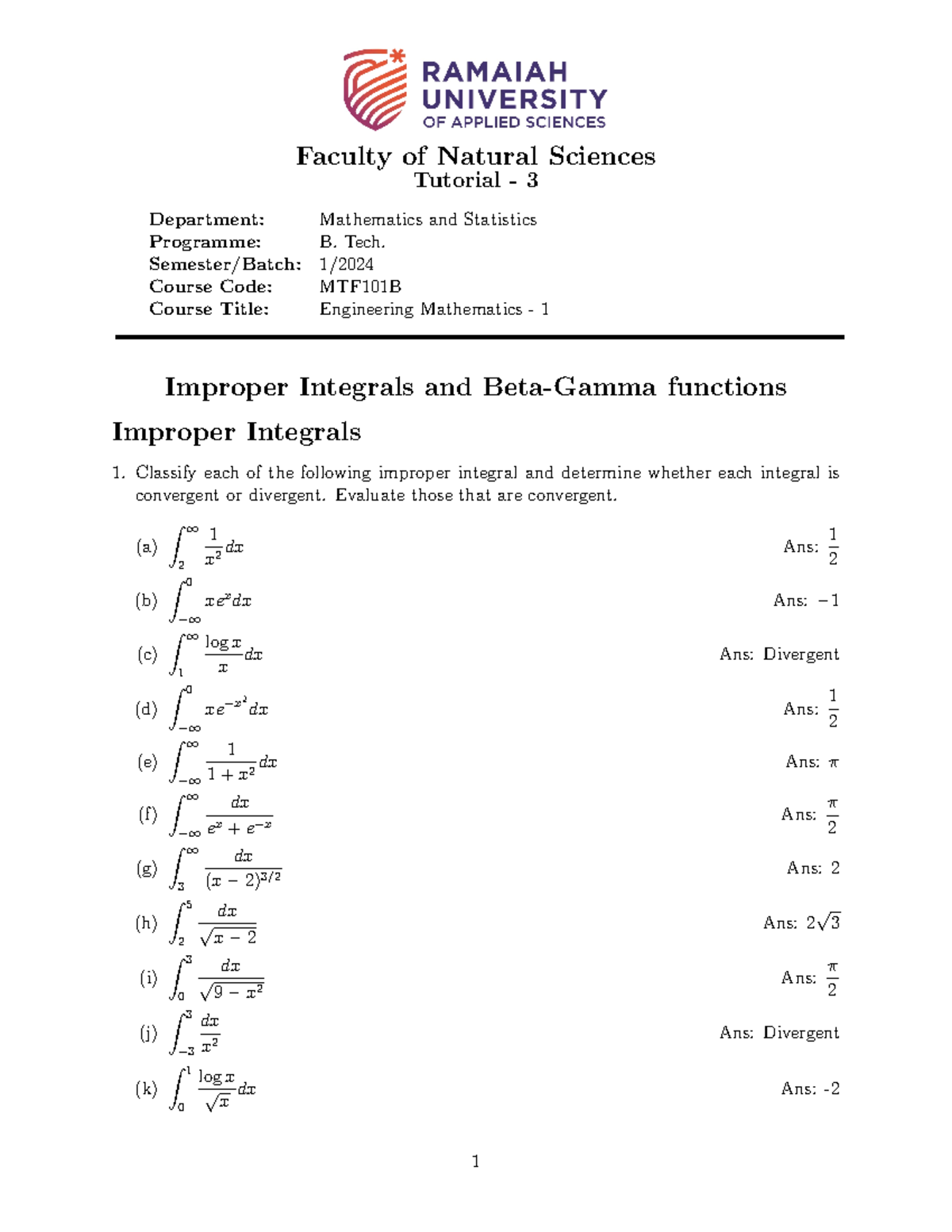 MTF101B Tutorial 3 - Improper Integrals and Beta Gamma Function ...