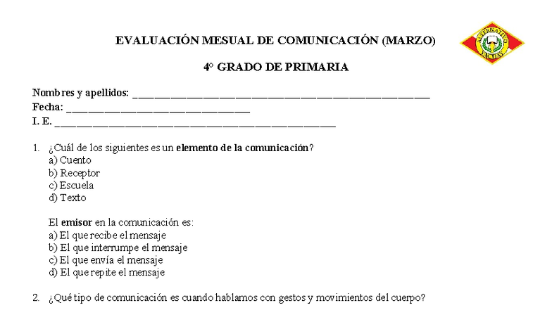 Evaluación Mensual de Comunicación - 4° Grado de Primaria - Studocu