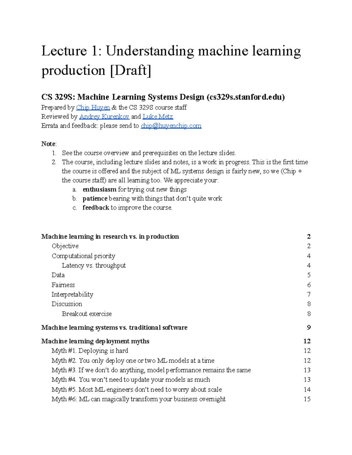 CS 329S: Lecture 1 - Understanding Machine Learning Production - Studocu