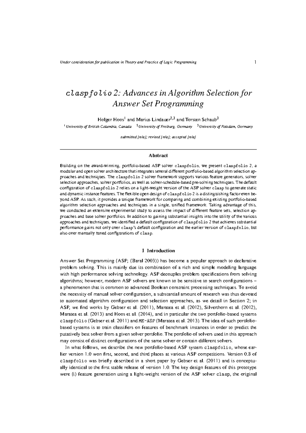 Claspfolio 2 Advances in Algorithm Selection for Answer Set Programming ...