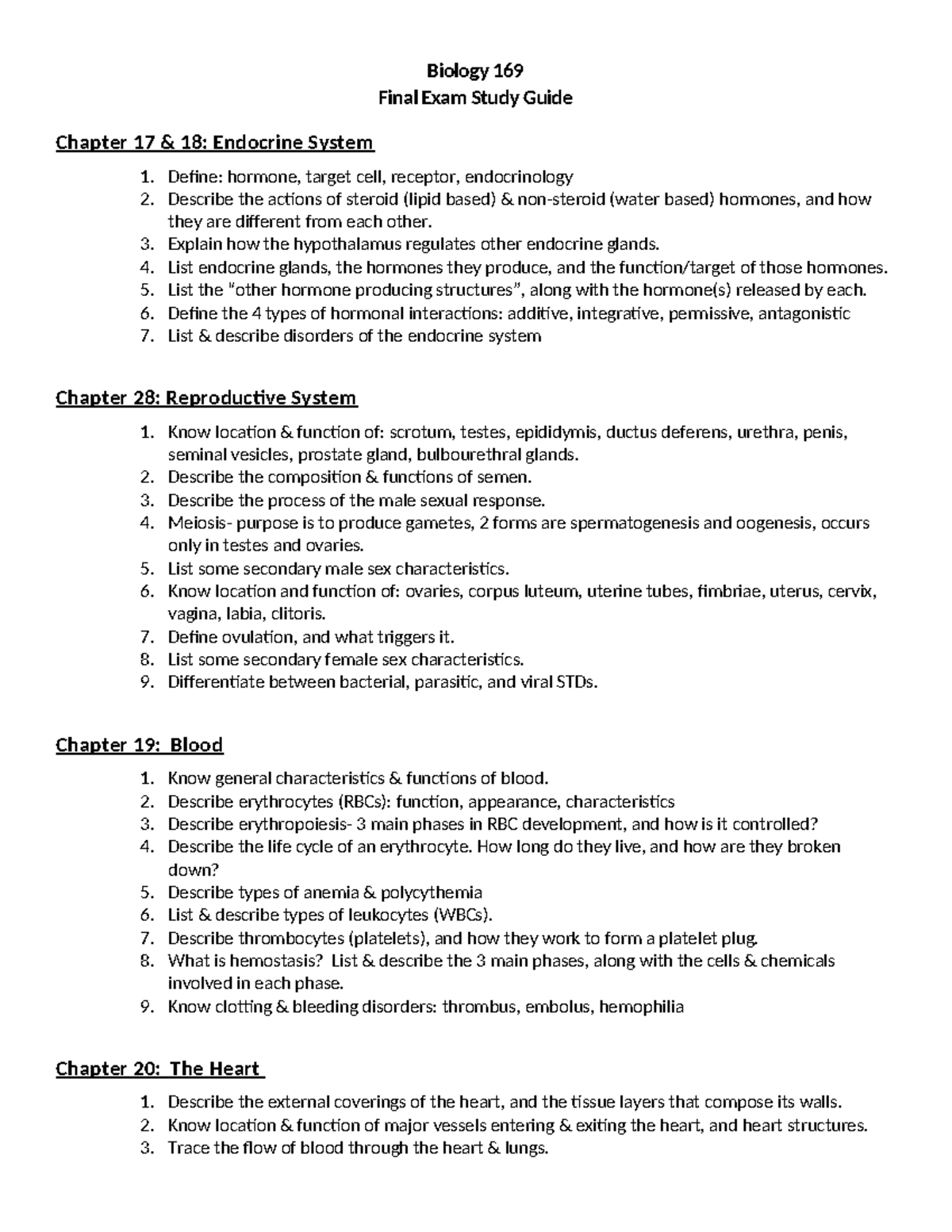Biology 169: Final Exam Study Guide for Chapters 17-28 on Endocrine ...