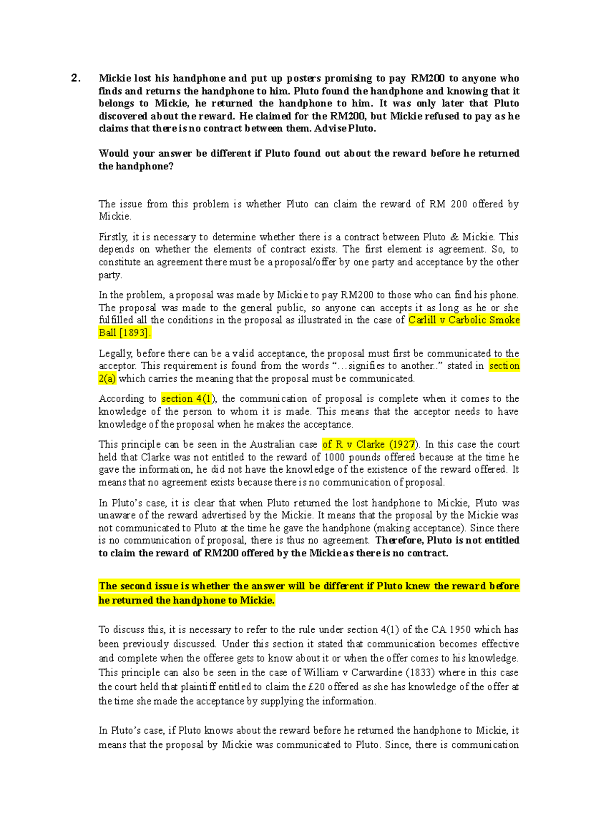 Tutorial Answer Contract Business Law Uitm Studocu