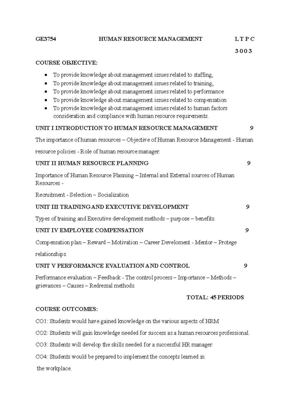 GE3754 Human Resource Management Syllabus Overview - Studocu