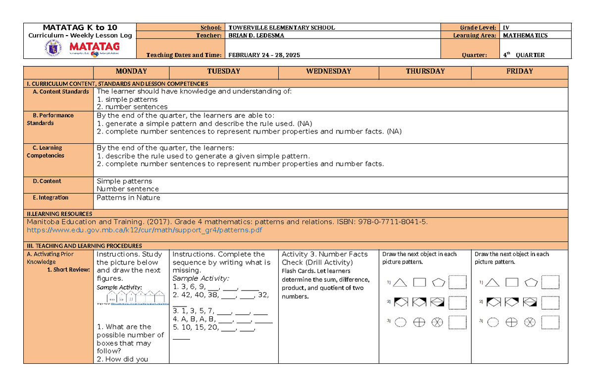 DLL Mathematics 4 Q4 W2 - DAILY LESSON LOG GRADE 4 - MATATAG K to 10 ...