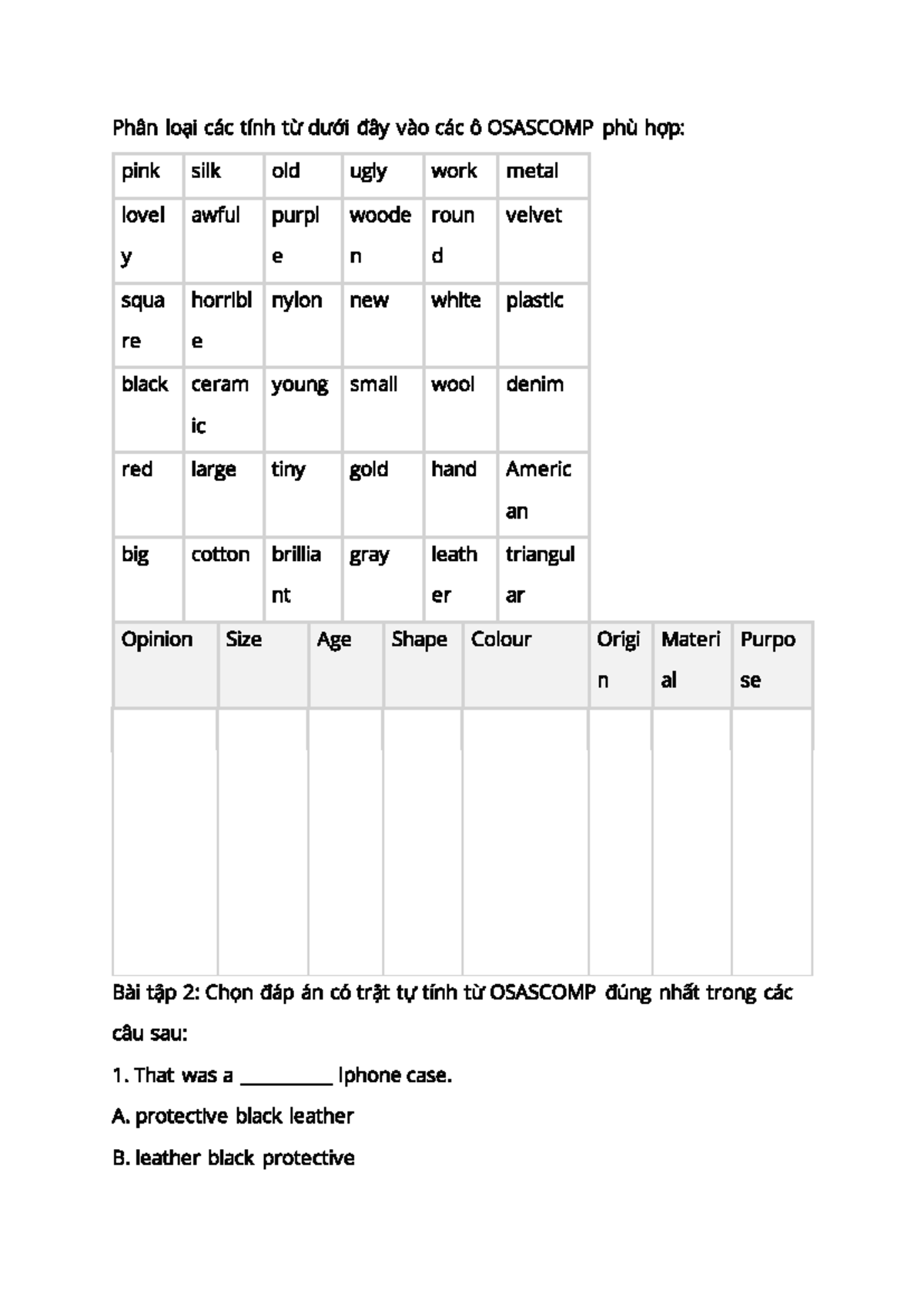 Adj Order - Bài Tập Thứ Tự Của Tính Từ (OSASCOMP) - Studocu