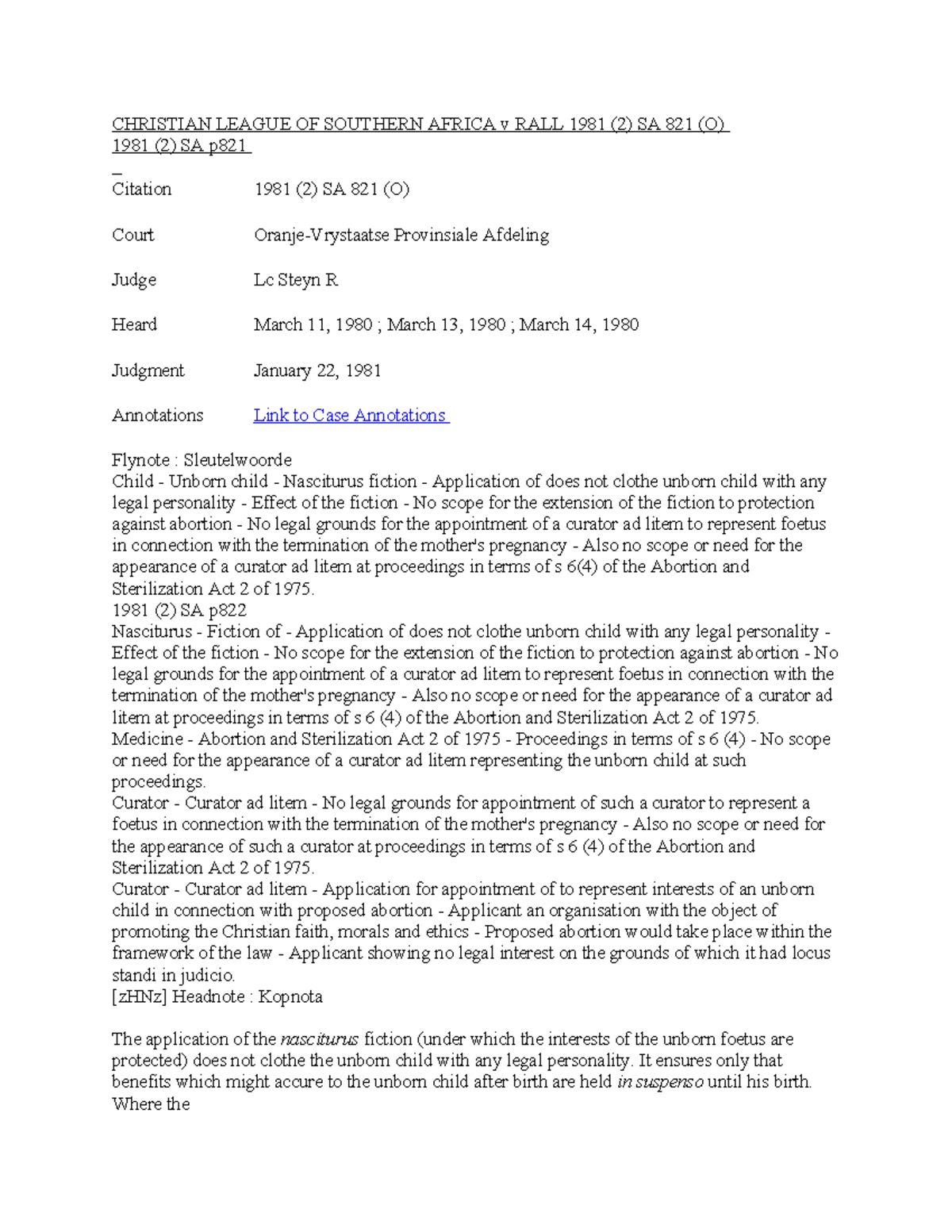 Christian League of Southern Africa v RALL 1981: Legal Implications of ...