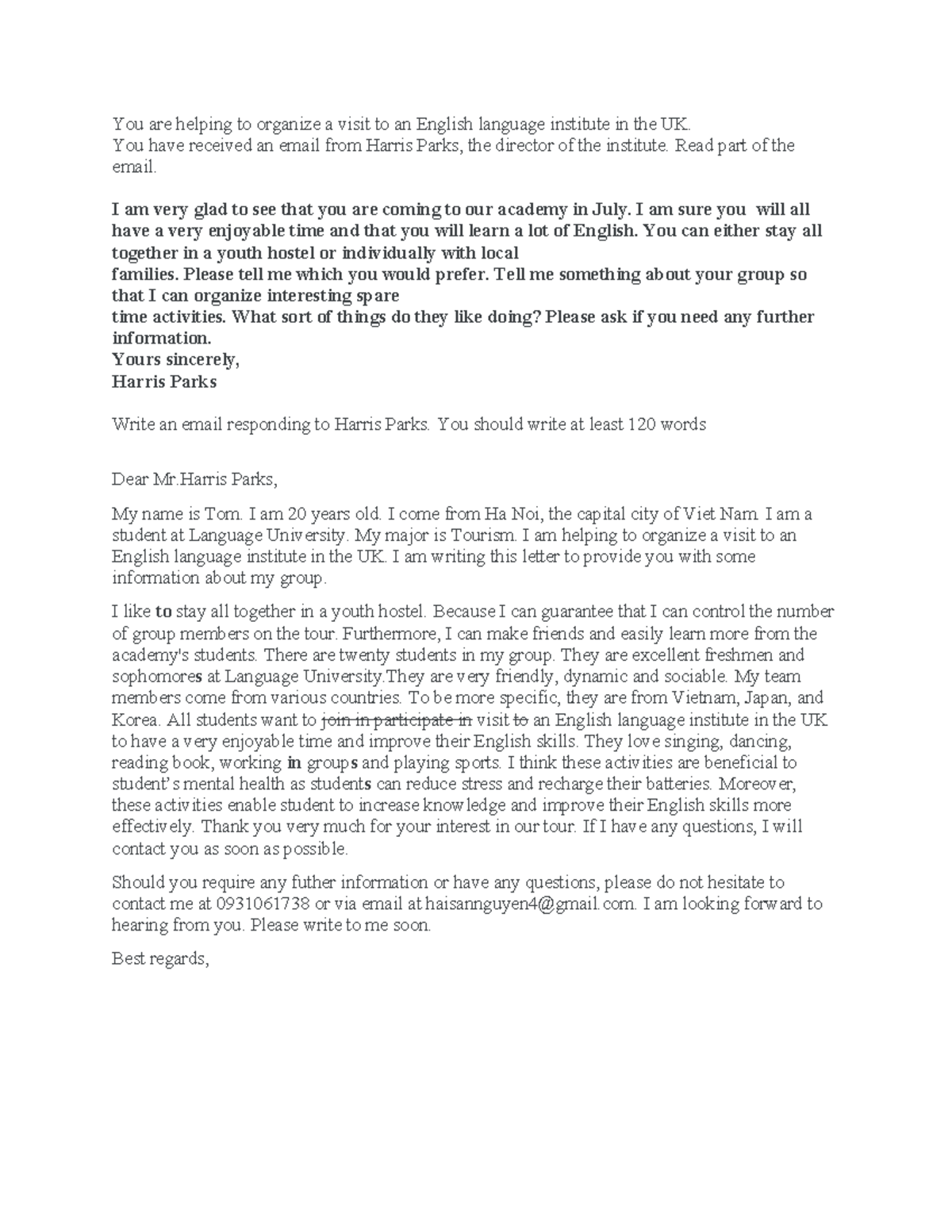 WRI VSTEP Email Response to Harris Parks - Group Visit Info - Studocu