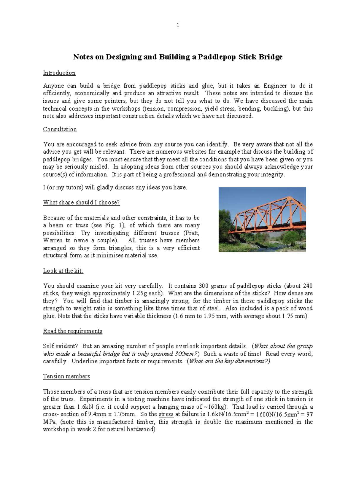 CIVL1900 Paddlepop Stick Bridge Design Notes and Tips - Studocu