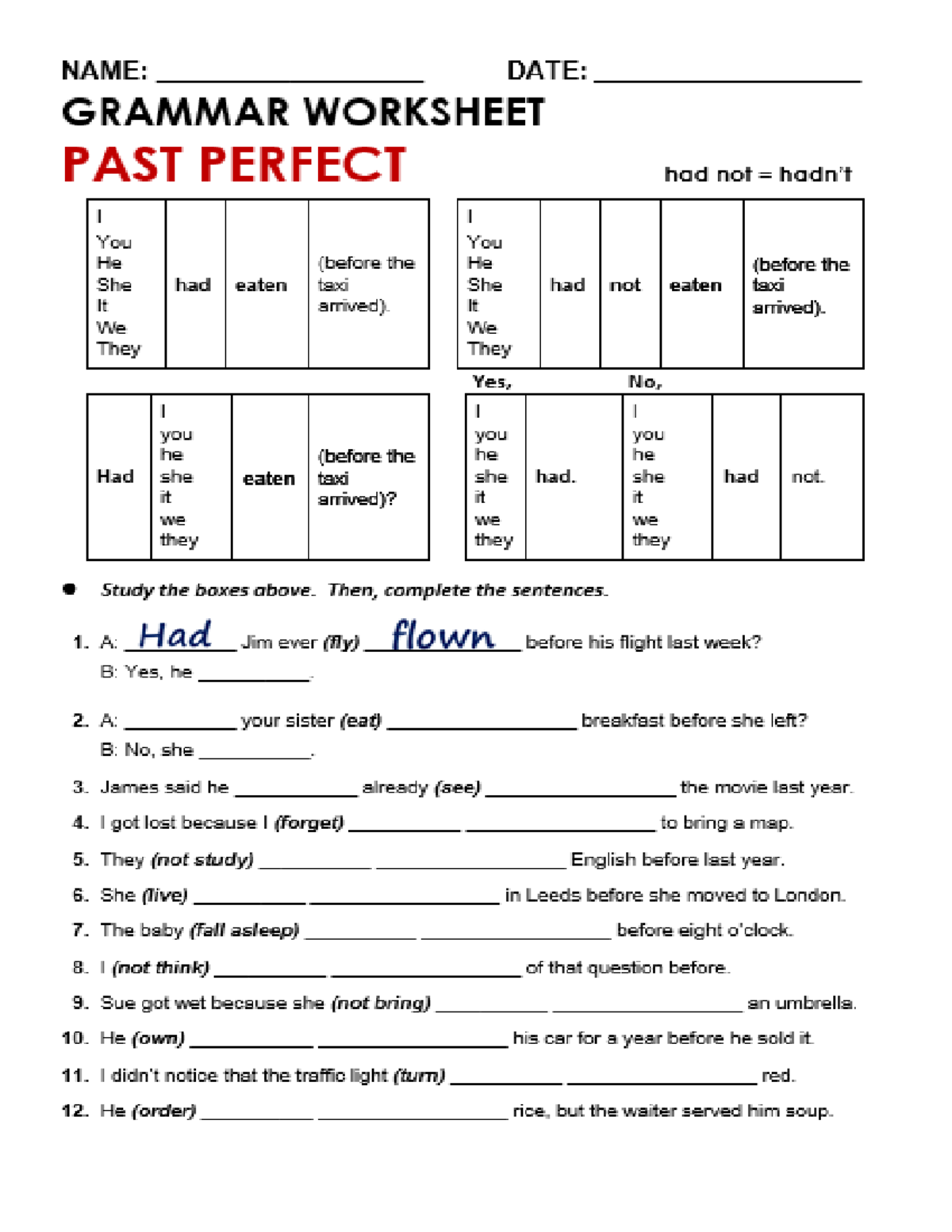 Past Perfect Tense Worksheet (ENG 101) - Studocu