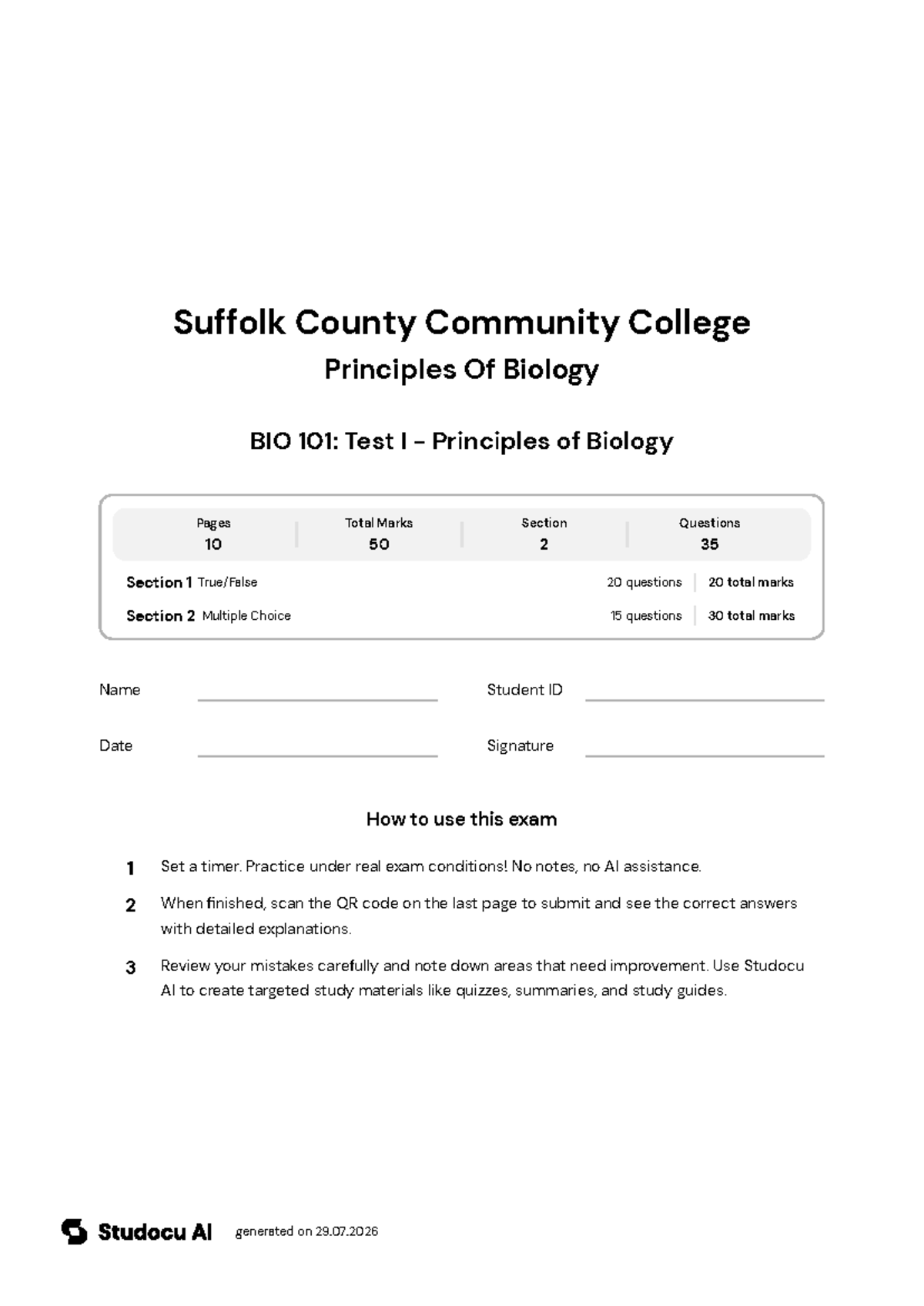 BIO 101: Test I - Principles of Biology - Studocu