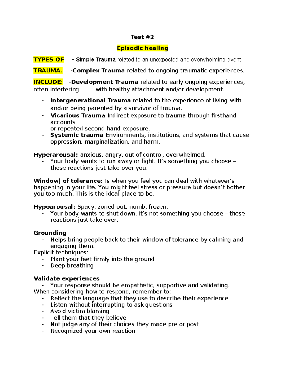 Test 1 Part 1 - Test 2 Review: Understanding Trauma Types and Responses ...