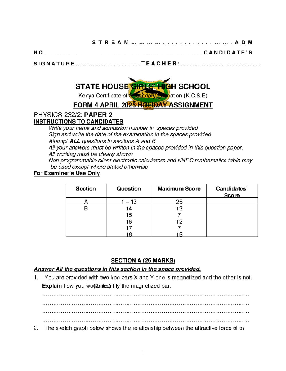Physics 232/2: Form 4 April 2025 Holiday Assignment Documentation - Studocu
