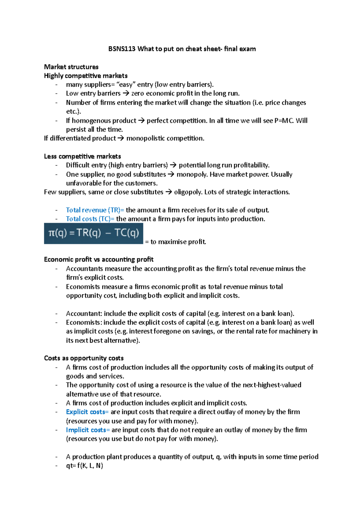 BSNS113 Cheat Sheet Guide for Final Exam - Market Structures & Economics -  Studocu