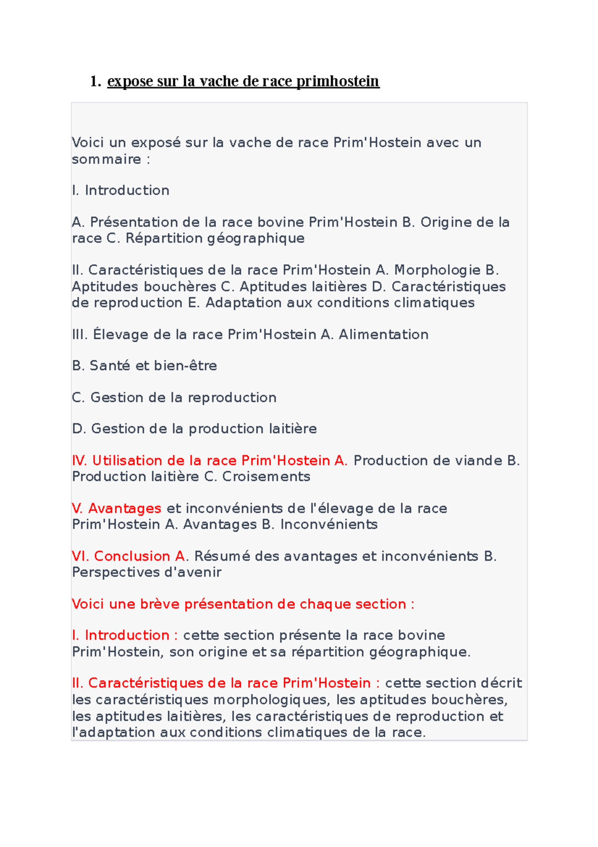 Exposé sur la vache Prim'Hostein : Caractéristiques et Élevage - Studocu