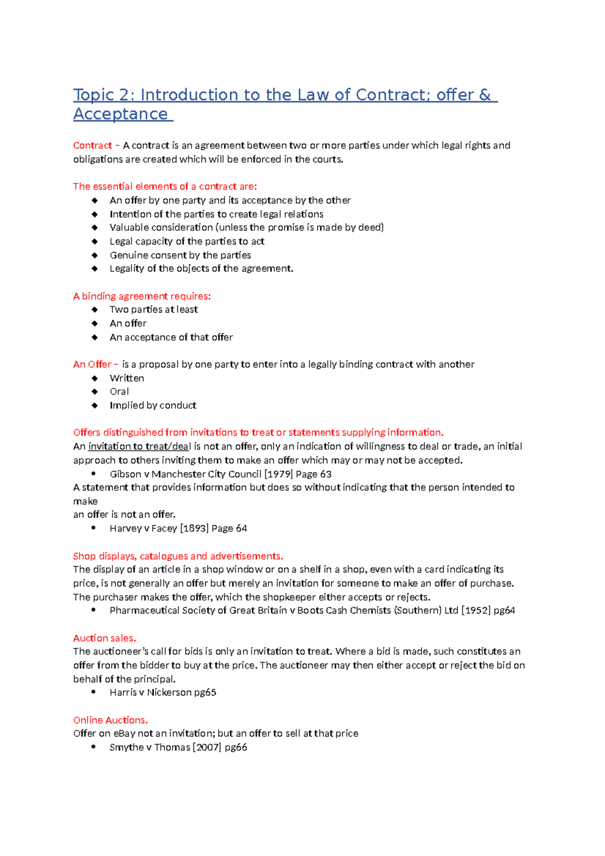 Exam Notes: Law of Contract - MLC 101 Fundamentals and Key Cases - Studocu