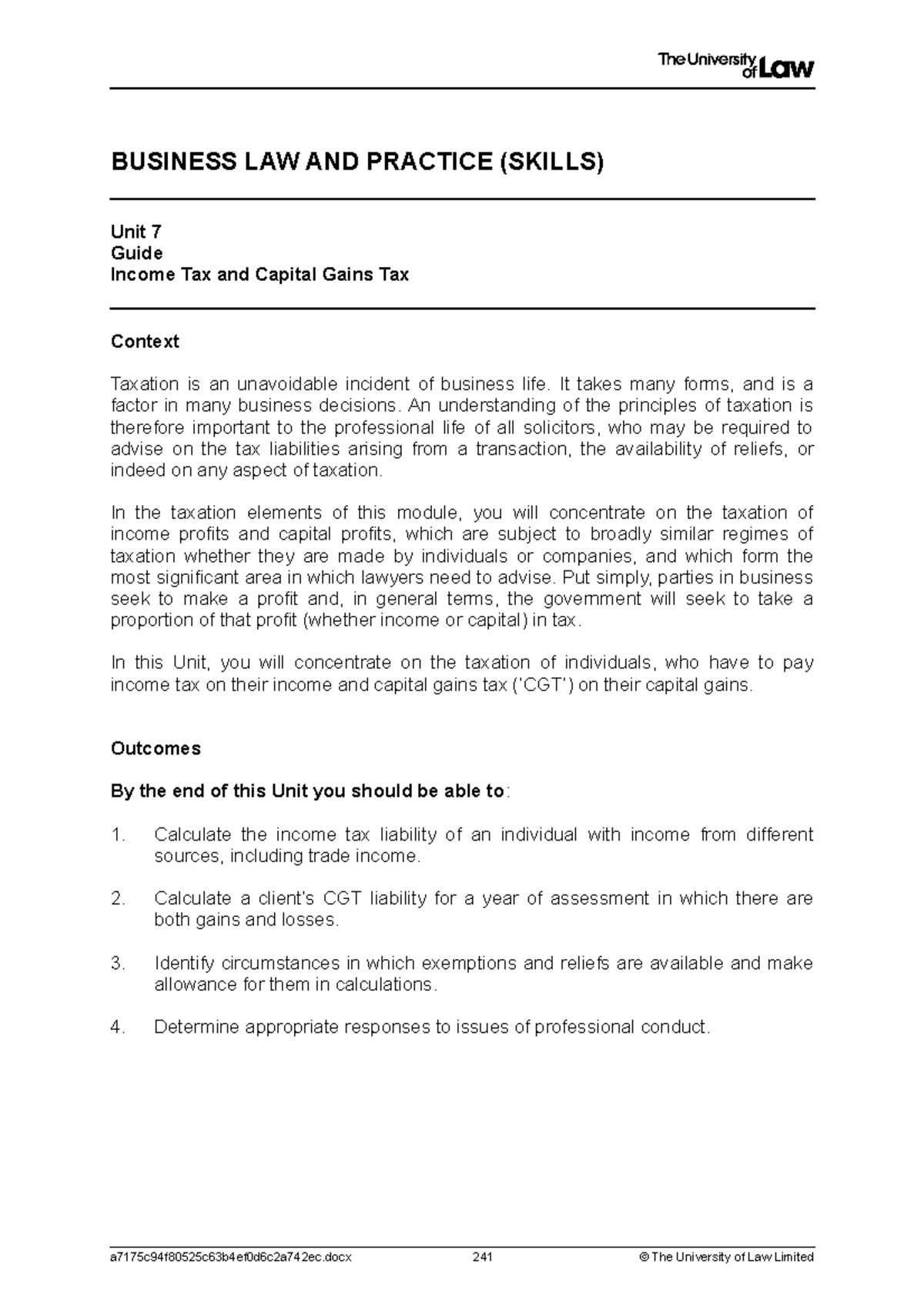 Worksop 7 - Lecture notes 7 - BUSINESS LAW AND PRACTICE (SKILLS) Unit 7 ...