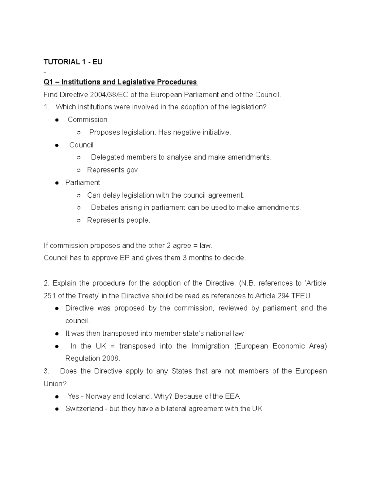 Tutorial 1 - EU - TUTORIAL 1 - EU Q1 – Institutions and Legislative ...
