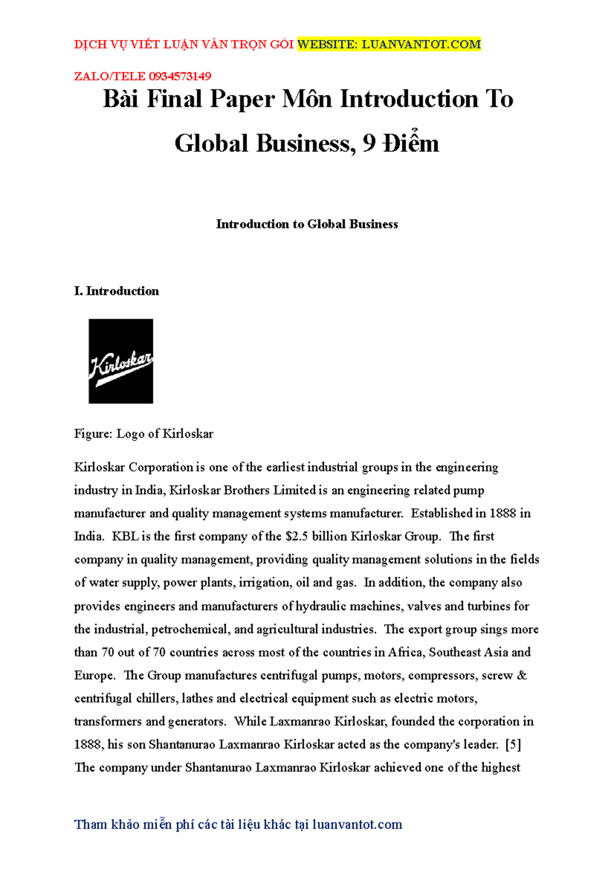 Bài final paper môn Introduction to Global Business - VANW UYS (ZALO ...