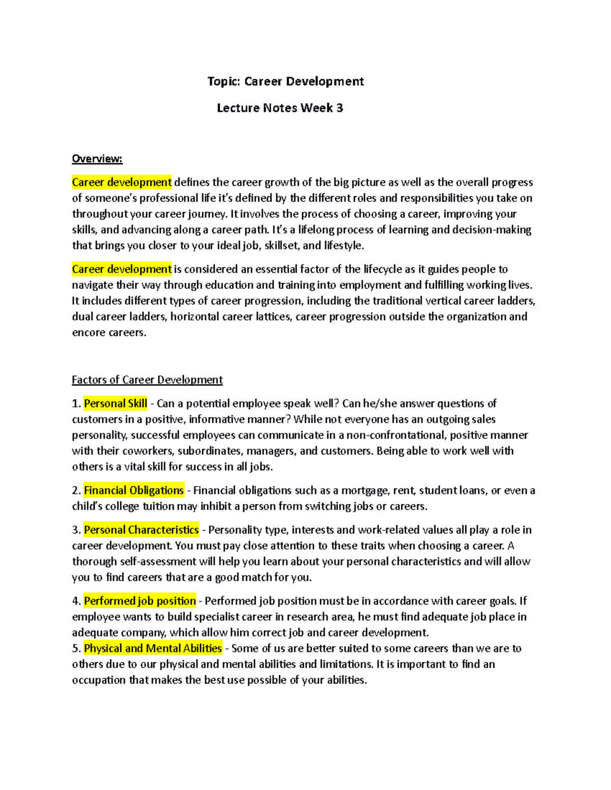 Career Development Lecture Notes - Week 3 Overview - Studocu