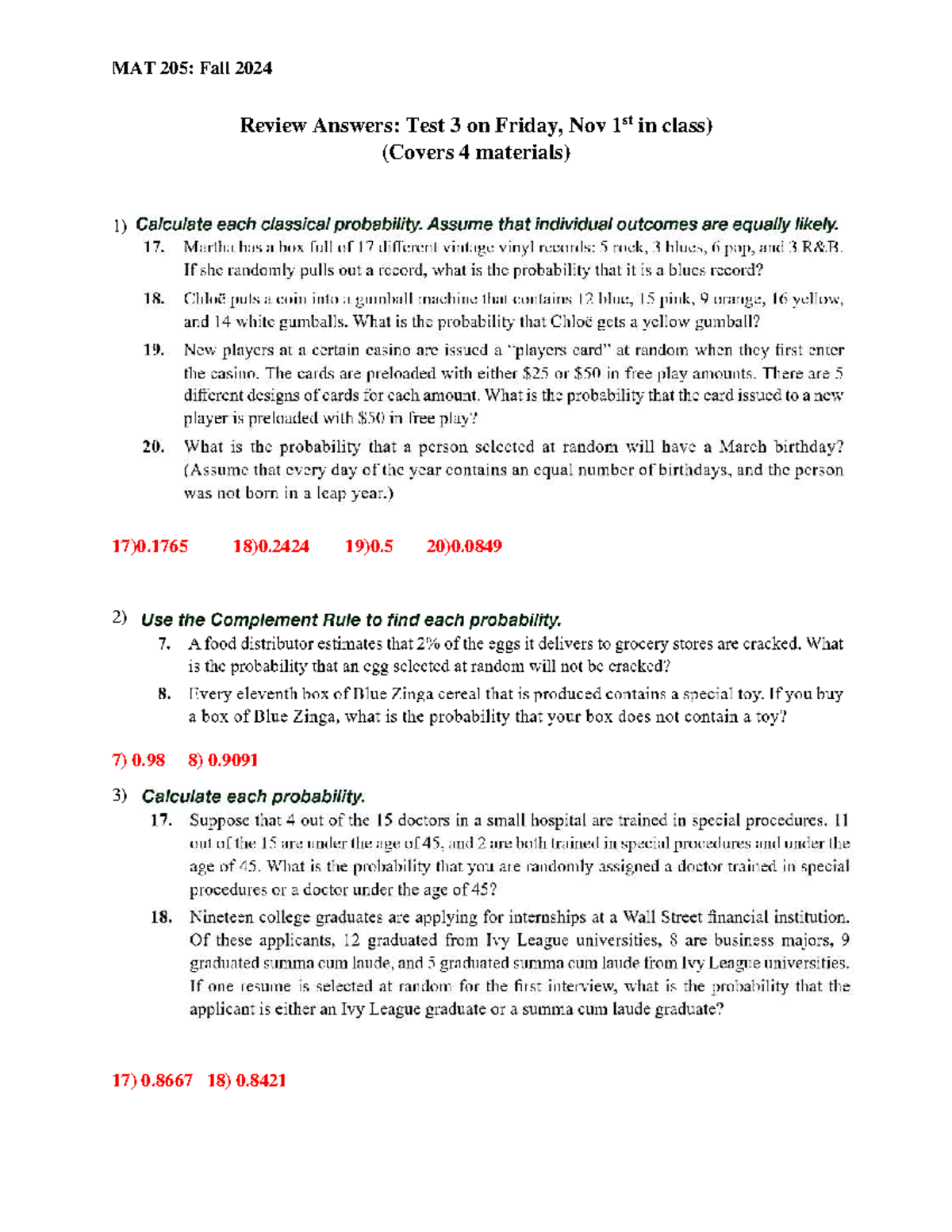 Review+answers-T3 - elementary statistics Exam 3 - MAT 205 - Review ...